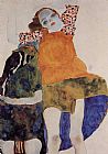 Egon Schiele Canvas Paintings - Two Seated Girls